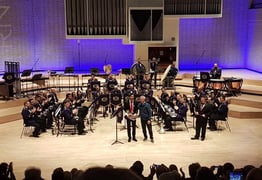 A brass band performing on stage.