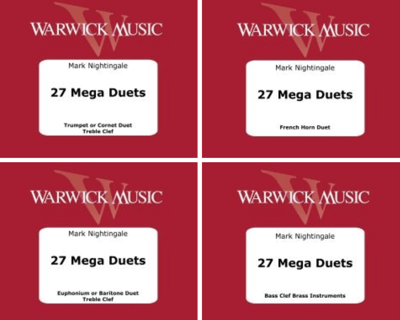 A collage featuring the four editions of 27 Mega Duets by Mark Nightingale.