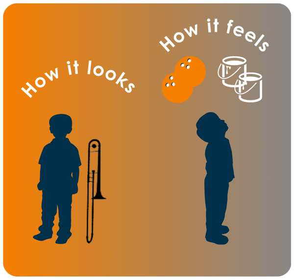 Image showing a child with a trombone versus a representation of the weight of the trombone: the equivalent of two bowling balls or cans of paint.