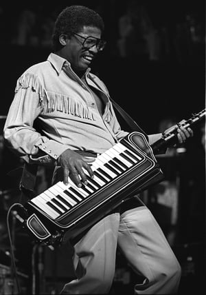 Musician Herbie Hancock playing keytar on stage: link to NYTimes article about the musician.