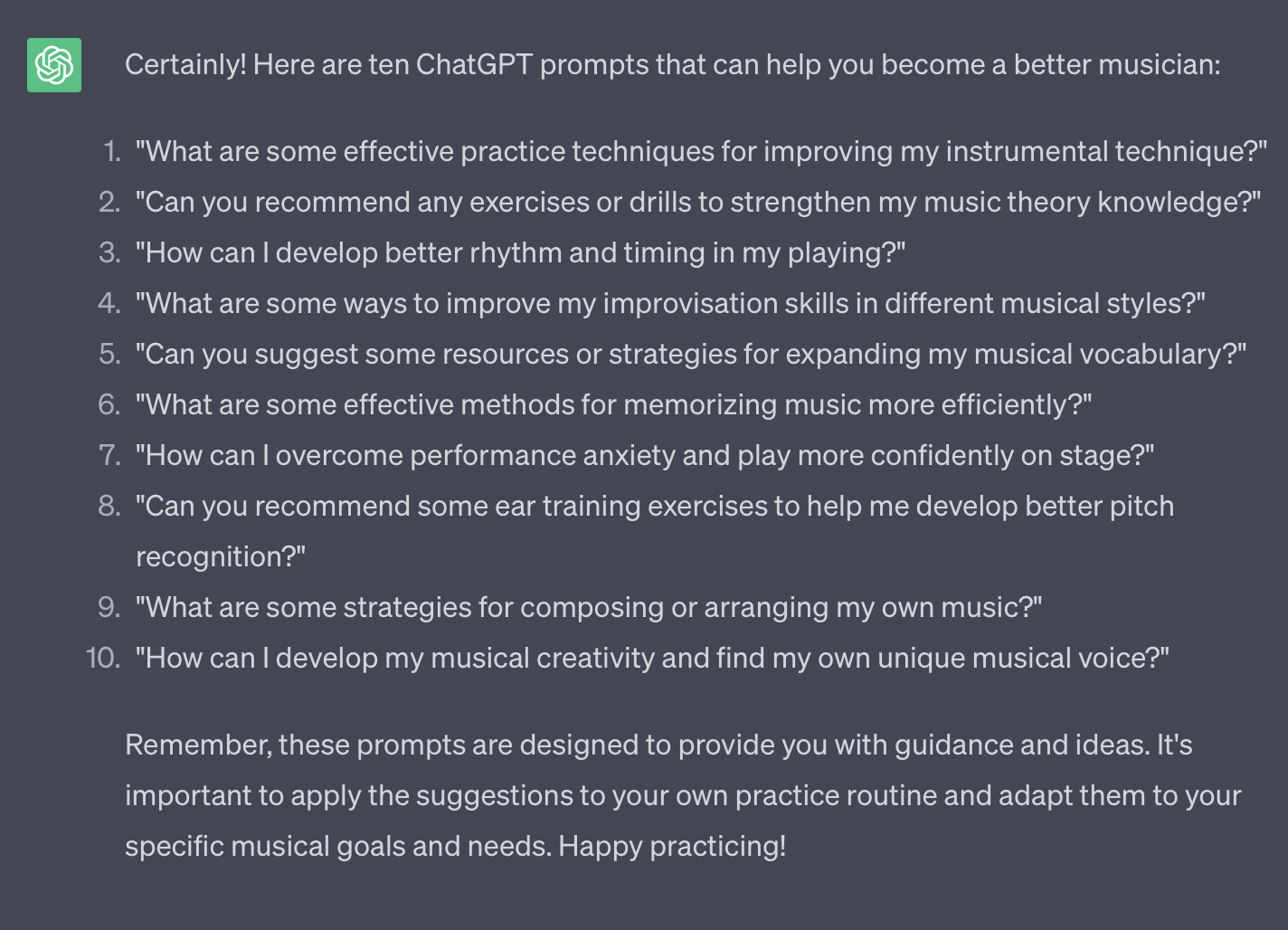 Top 10 ChatGPT prompts for musicians.