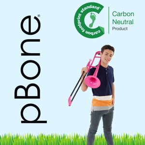 pBone Carbon Neutral, featuring child with pink pBone instrument.