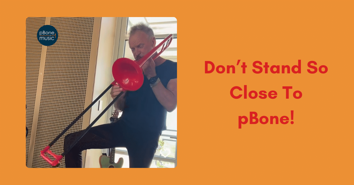 Musician Sting plays a red pBone, along with the caption 