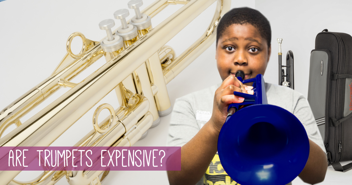 Kid with brass trumpet playing fun music in school